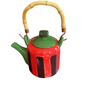 Whimsical Red and Green Ceramic Handpainted Teapot with Bamboo Handle.